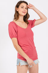 Magenta Short Puff Sleeve V-Neck Top