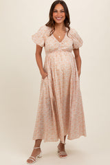 Peach Strawberry Floral Puff Sleeve Maternity Midi Dress