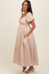 Peach Strawberry Floral Puff Sleeve Maternity Midi Dress