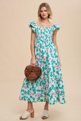 Green Floral Smocked Ruffle Sleeve Maxi Dress