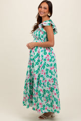 Green Floral Smocked Ruffle Sleeve Maternity Maxi Dress