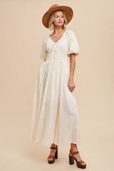 Cream Smocked Puff Sleeve Maxi Dress