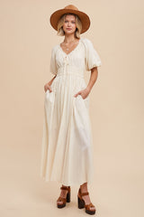 Cream Smocked Puff Sleeve Maxi Dress