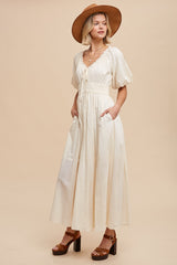 Cream Smocked Puff Sleeve Maternity Maxi Dress