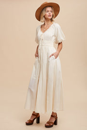 Cream Smocked Puff Sleeve Maxi Dress