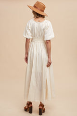 Cream Smocked Puff Sleeve Maxi Dress