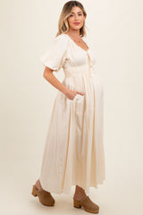 Cream Smocked Puff Sleeve Maternity Maxi Dress