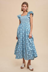 Blue Floral Smocked Flutter Cap Sleeve Maxi Dress