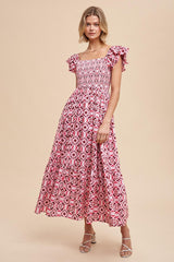 Magenta Floral Smocked Flutter Cap Sleeve Maternity Maxi Dress