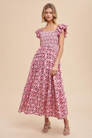 Magenta Floral Flutter Cap Sleeve Maxi Dress