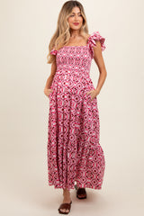 Magenta Floral Smocked Flutter Cap Sleeve Maternity Maxi Dress