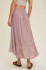 Mauve Button-Up Midi Skirt With Drawstring