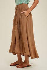 Hazelnut Button-Up Midi Skirt With Drawstring