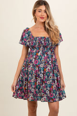 Navy Blue Floral Smocked Flutter Sleeve Back Tie Maternity Dress