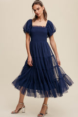 Navy Smocked Tiered Tulle Midi Dress