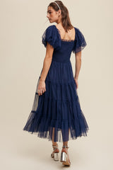 Navy Smocked Tiered Tulle Midi Dress