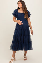 Navy Smocked Tiered Tulle Maternity Midi Dress