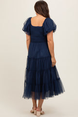 Navy Smocked Tiered Tulle Maternity Midi Dress