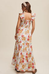 Ivory Floral Smocked Tiered Maxi Dress