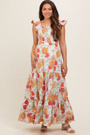 Ivory Floral Smocked Tiered Maternity Maxi Dress