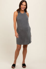 Charcoal Ribbed Sleeveless Pocketed Maternity Dress