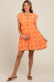 Orange Embroidered Flutter Sleeve Maternity Dress