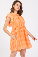 Orange Embroidered Flutter Sleeve Maternity Dress