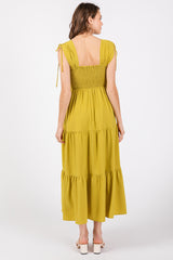 Light Olive Smocked Sleeveless Drawstring Shoulder Tiered Midi Dress