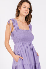 Lavender Smocked Sleeveless Drawstring Shoulder Tiered Midi Dress