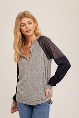 Heather Grey Mixed Fabric Notched Neck Pullover