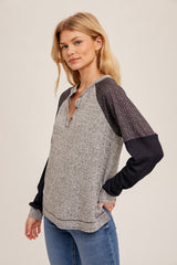 Heather Grey Mixed Fabric Notched Neck Pullover