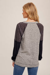 Heather Grey Mixed Fabric Notched Neck Pullover