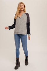 Heather Grey Mixed Fabric Notched Neck Pullover