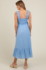 Light Blue Eyelet Smocked Square Neck Maternity Midi Dress