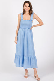 Light Blue Eyelet Smocked Square Neck Midi Dress