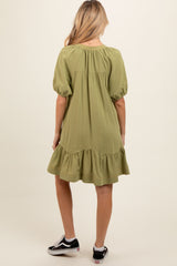 Light Olive Button Front Short Puff Sleeve Maternity Dress