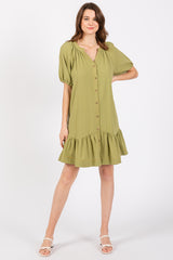 Light Olive Button Front Short Puff Sleeve Dress