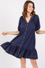 Navy Blue Button Front Short Puff Sleeve  Dress