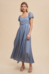 Elemental Blue Linen Blend Maxi Dress With Corset Back