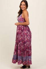 Purple Floral Strapless Front Tie Knot Maternity Maxi Dress