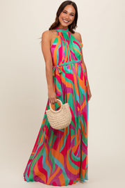 Multicolor Print Pleated Halter Maternity Maxi Dress