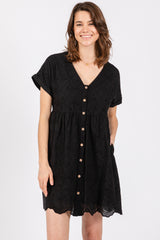 Black Eyelet Button Front Short Sleeve Maternity Dress