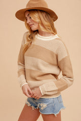 Beige Crew Neck Oversized Two-Tone Stripe Sweater