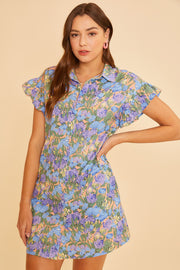 Blue Multi Floral Printed Frill Sleeve Shirt Mini Dress