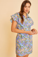 Blue Multi Floral Printed Frill Sleeve Shirt Mini Dress