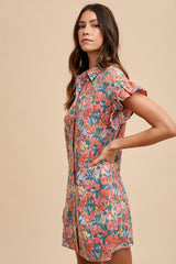 Coral Multi Floral Printed Frill Sleeve Shirt Mini Dress