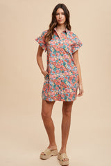 Coral Multi Floral Printed Frill Sleeve Shirt Mini Dress