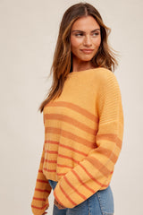 Orange Round Neck Striped Knit Sweater