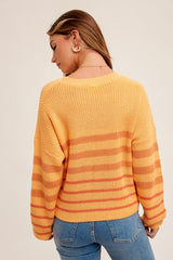Orange Round Neck Striped Knit Sweater