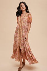 Dusty Rose Border Print Button Down Maxi Dress